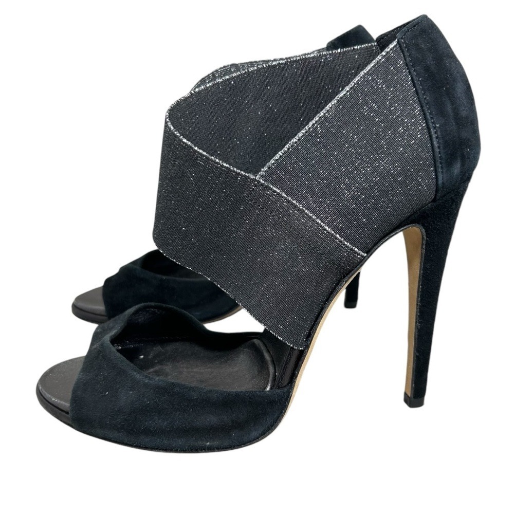 DVF Diane von Furstenberg Black Suede Glitz Ankle Strap Stiletto Heels 7 B Italy - Picture 4 of 12